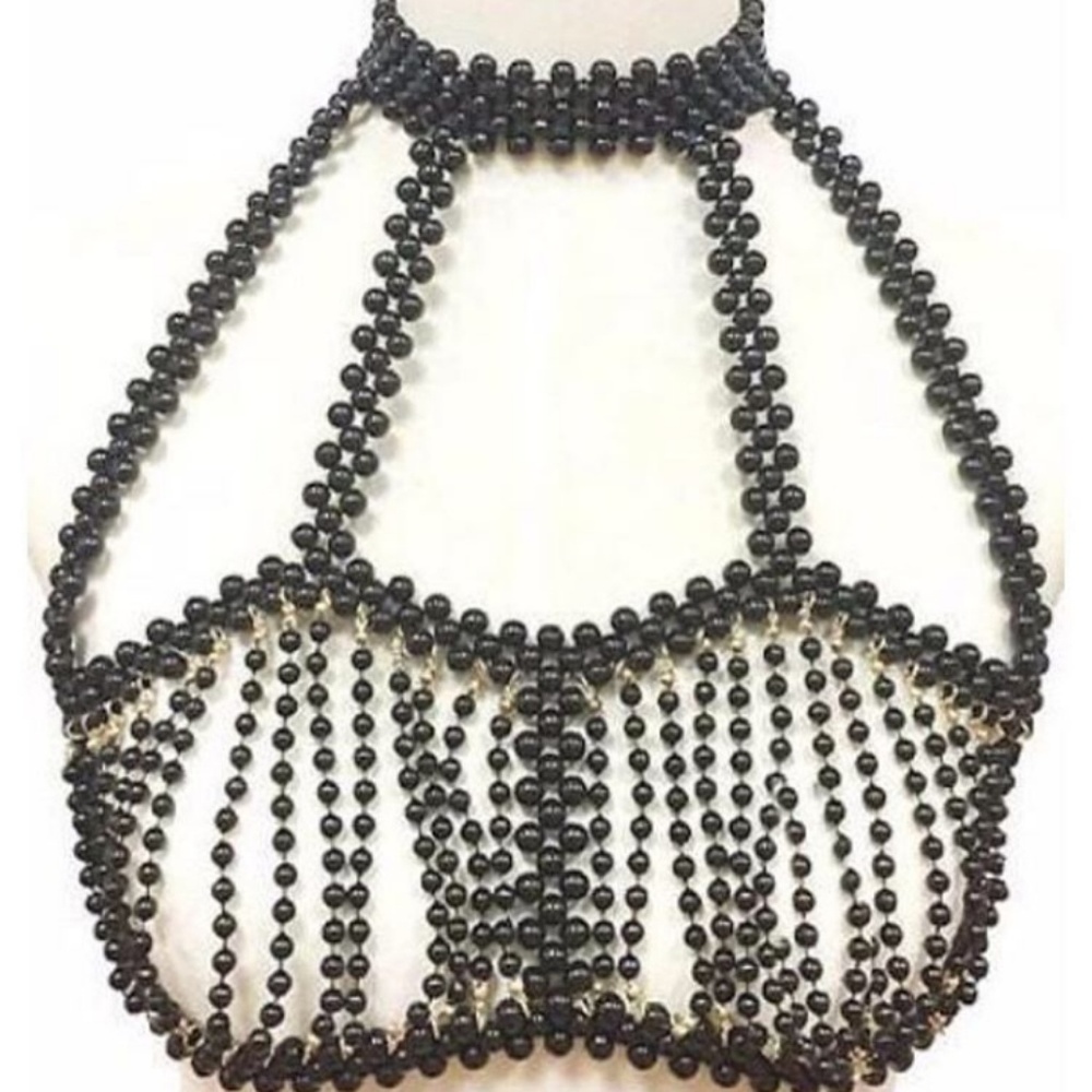Black Beaded Fringe Statement Necklace